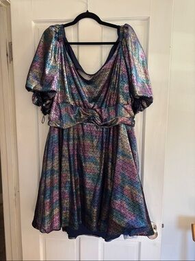 Lovedrobe Metallic Multi-Color Puff Sleeve Mini Dress